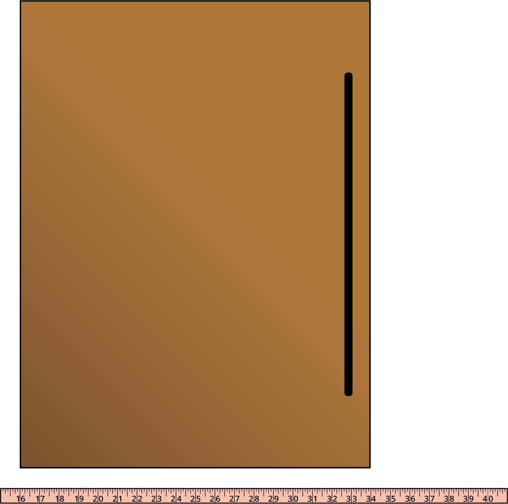 Meter stick measuring short side of a desk. Short side begins on ruler at 16 and ends at 34.