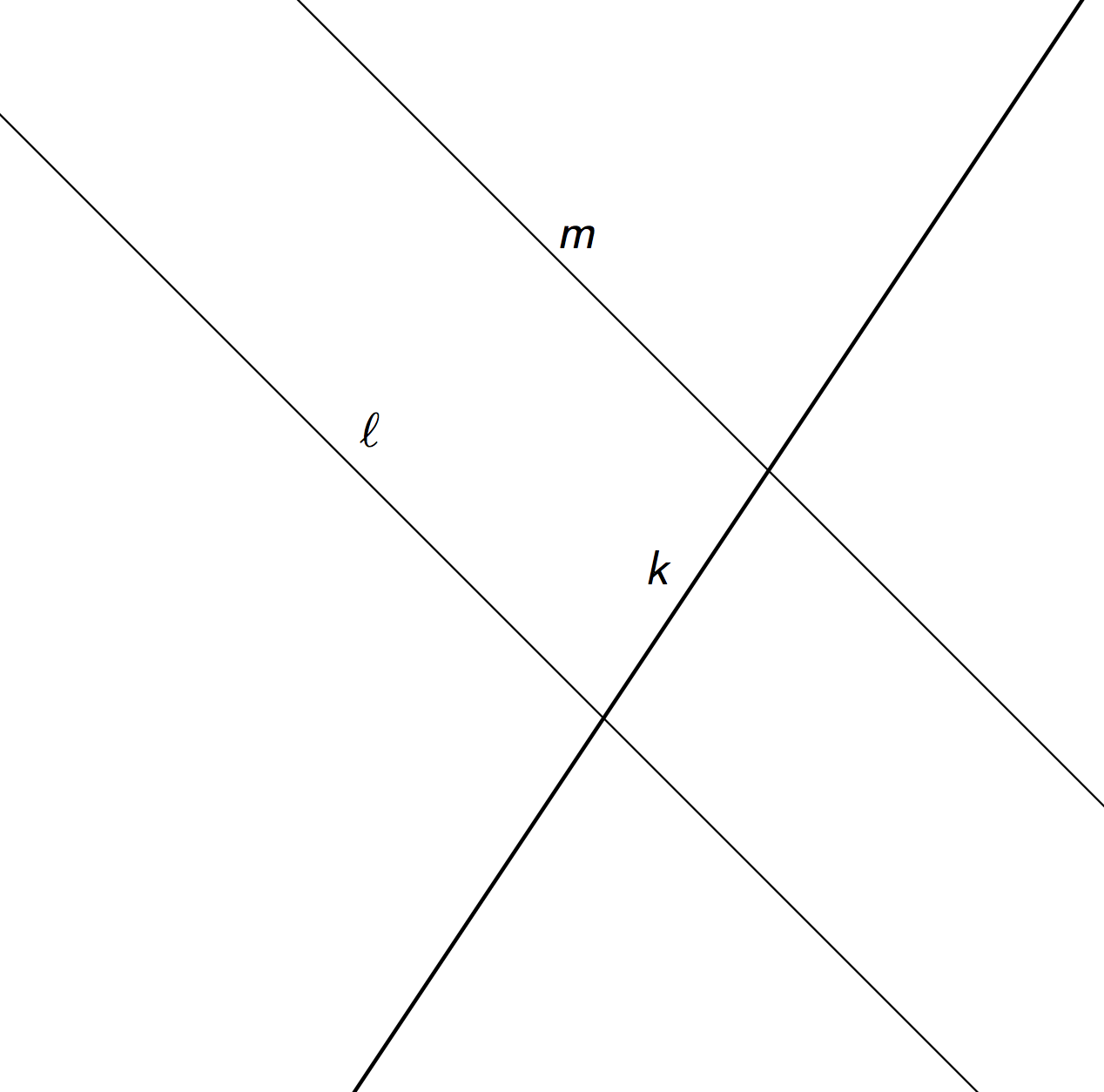 <p>Parallel lines l and m with transversal k.</p>
