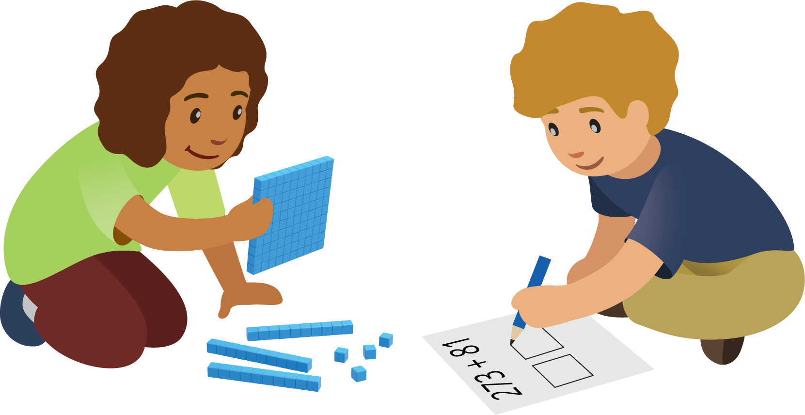 <p>Two students. One working with base ten blocks, the other writing 273 plus 81.</p>
