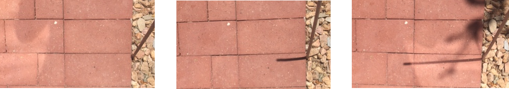 <p>Three photos of a sidewalk and a stick. Frist, there is no shadow on the sidewalk. Second there is a short, horizontal shadow on the sidewalk. Third, there is a long horizontal shadow on the sidewalk.</p>
