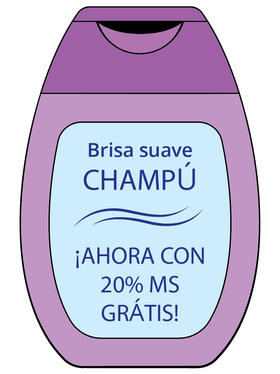 Picture of a shampoo bottle with the label "Now with 20% more free" on the bottle.