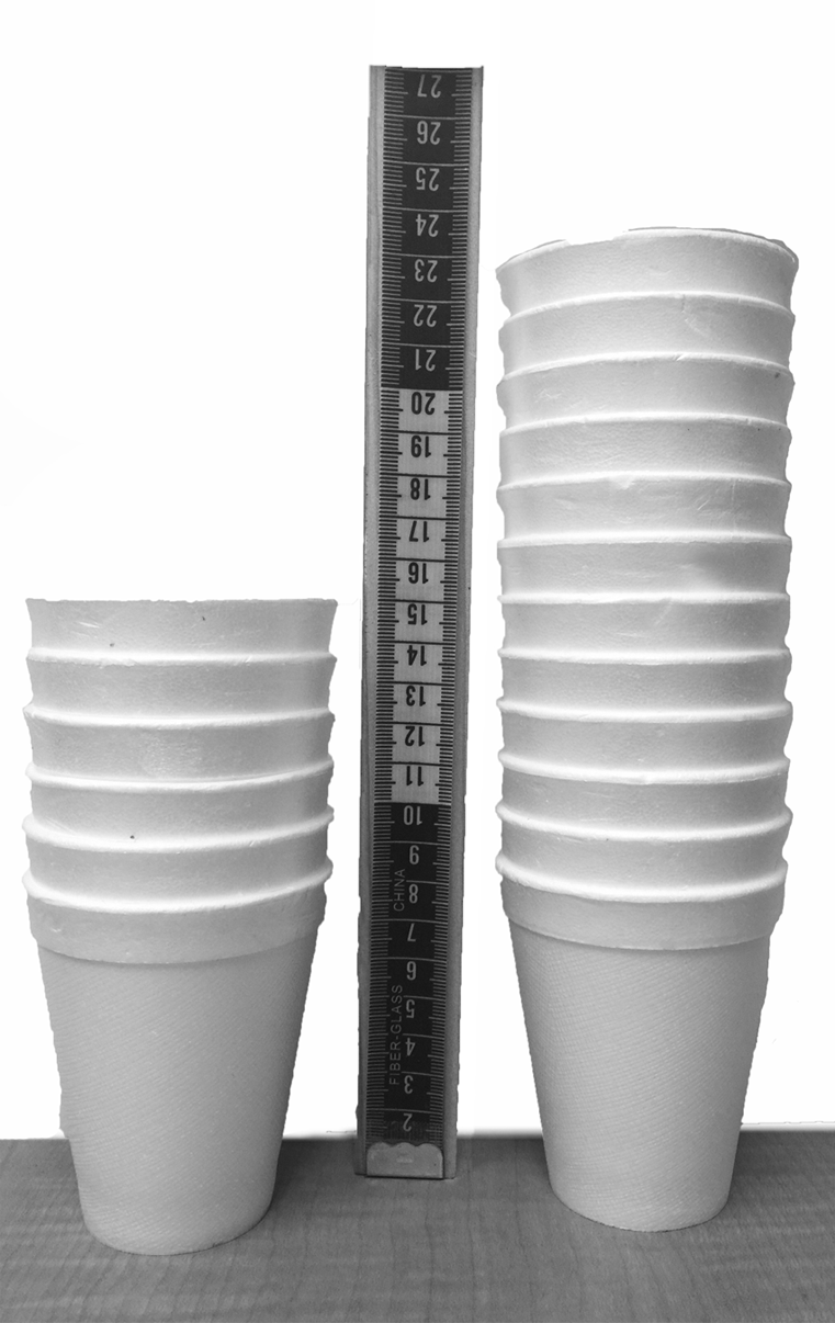 <p>6 styrafoam cups 15 centimeters, 12 styrafoam cups 23 centimeters</p>
