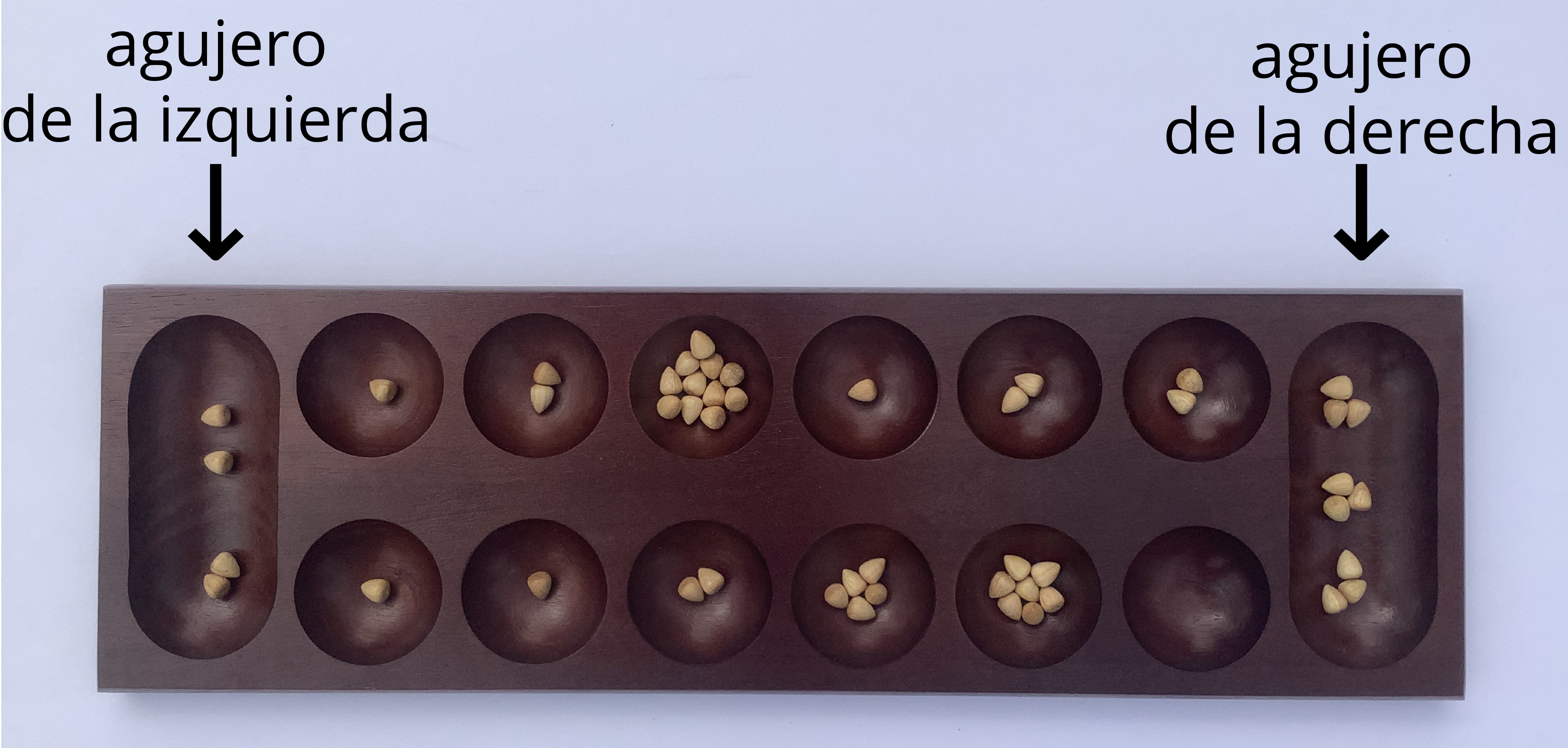 Photo of wooden game board. 4 pieces in left store. 9 pieces in right store.