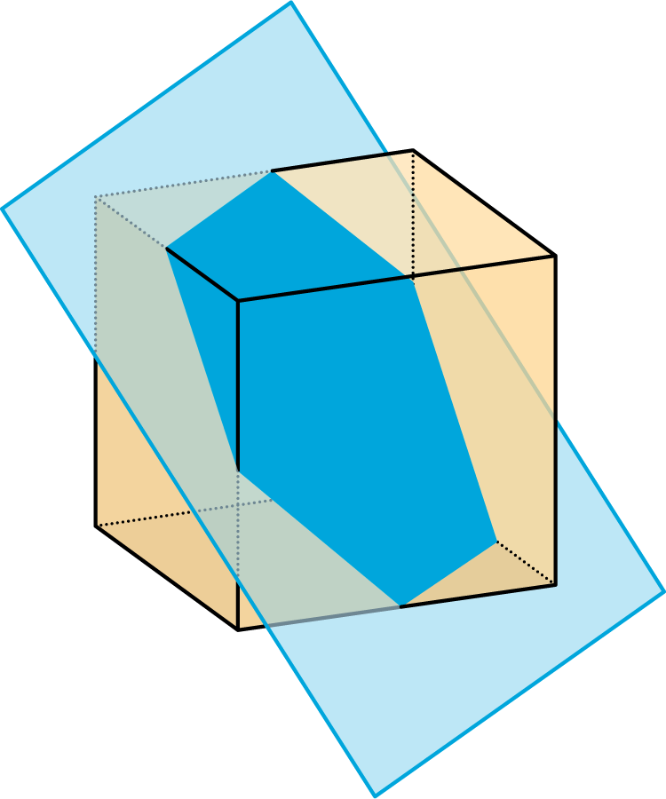 <p>A plane makes a cut through the middle of a cube.</p>
