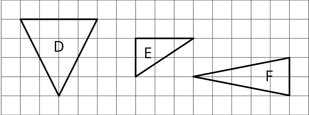 3 triangles on a grid. D. two equal sides, 3 acute angles. E. 1 right angle, 2 acute angles. F. two equal sides, 3 acute angles.