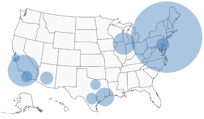 A map of the 10 most populous US cities with radii proportional to the population.