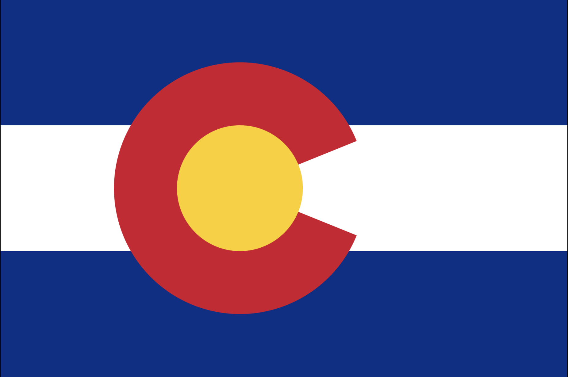 <p>The Colorado State flag has three equal horizontal stripes, blue, white, blue.  In the center, a red C surrounds a yellow circle.</p>
