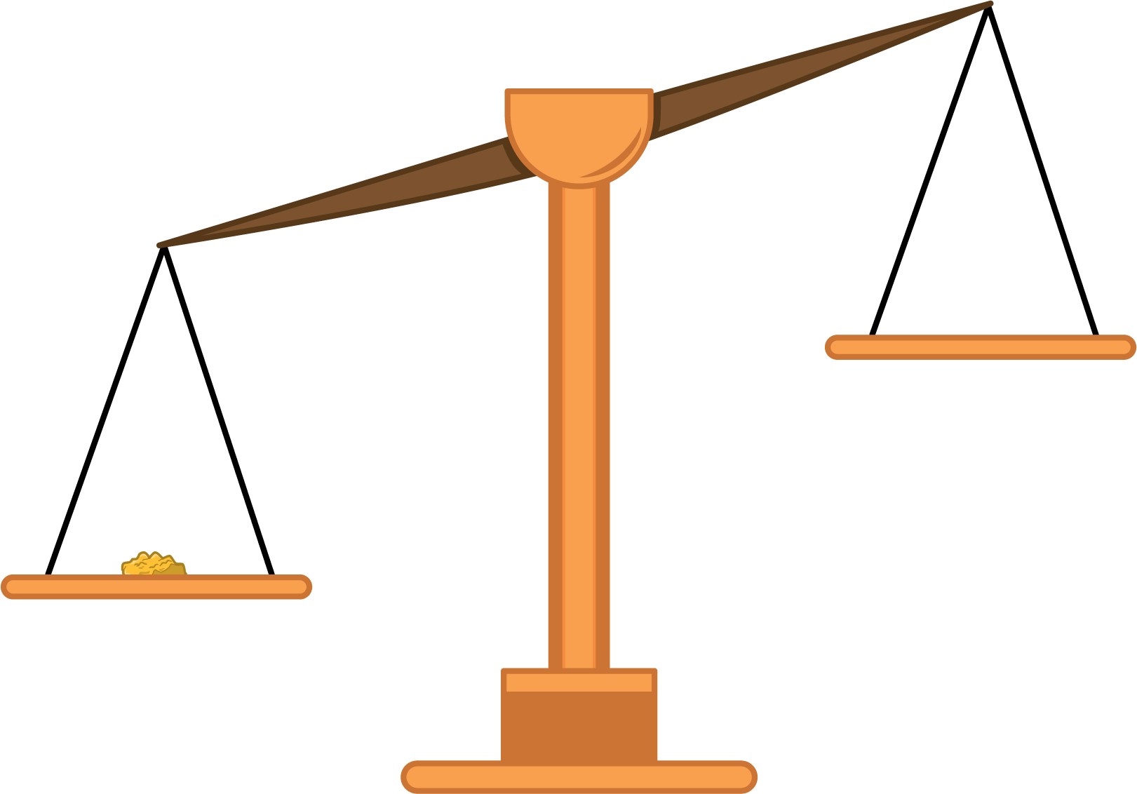 <p>Scale, tilted left-side down, right-side up. Left side, gold nuggets. Right side, nothing.</p>
