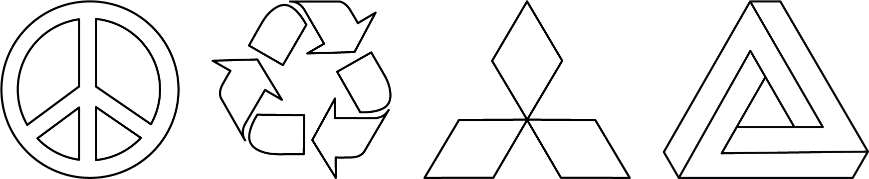4 drawings of logos and symbols. from left to right, peace, recycle, mitsubishi, triangular logo.